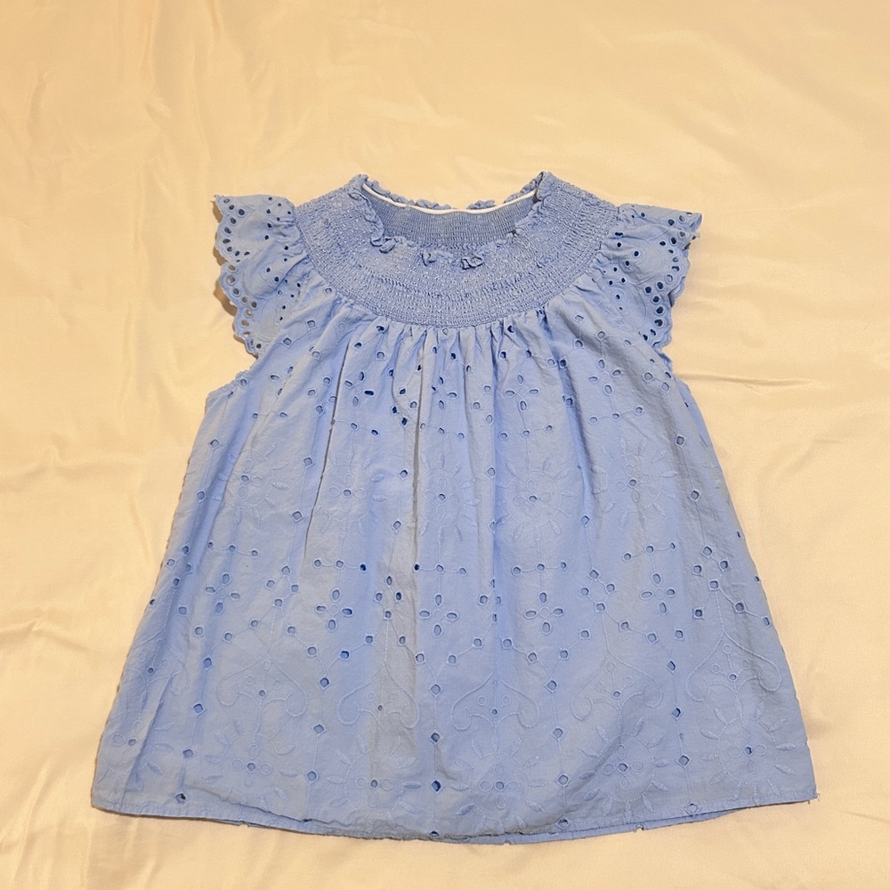 LOFT Top Womens XS Petite Blue Blouse Smocked Ruffle Eyelet Embroidered Lined
